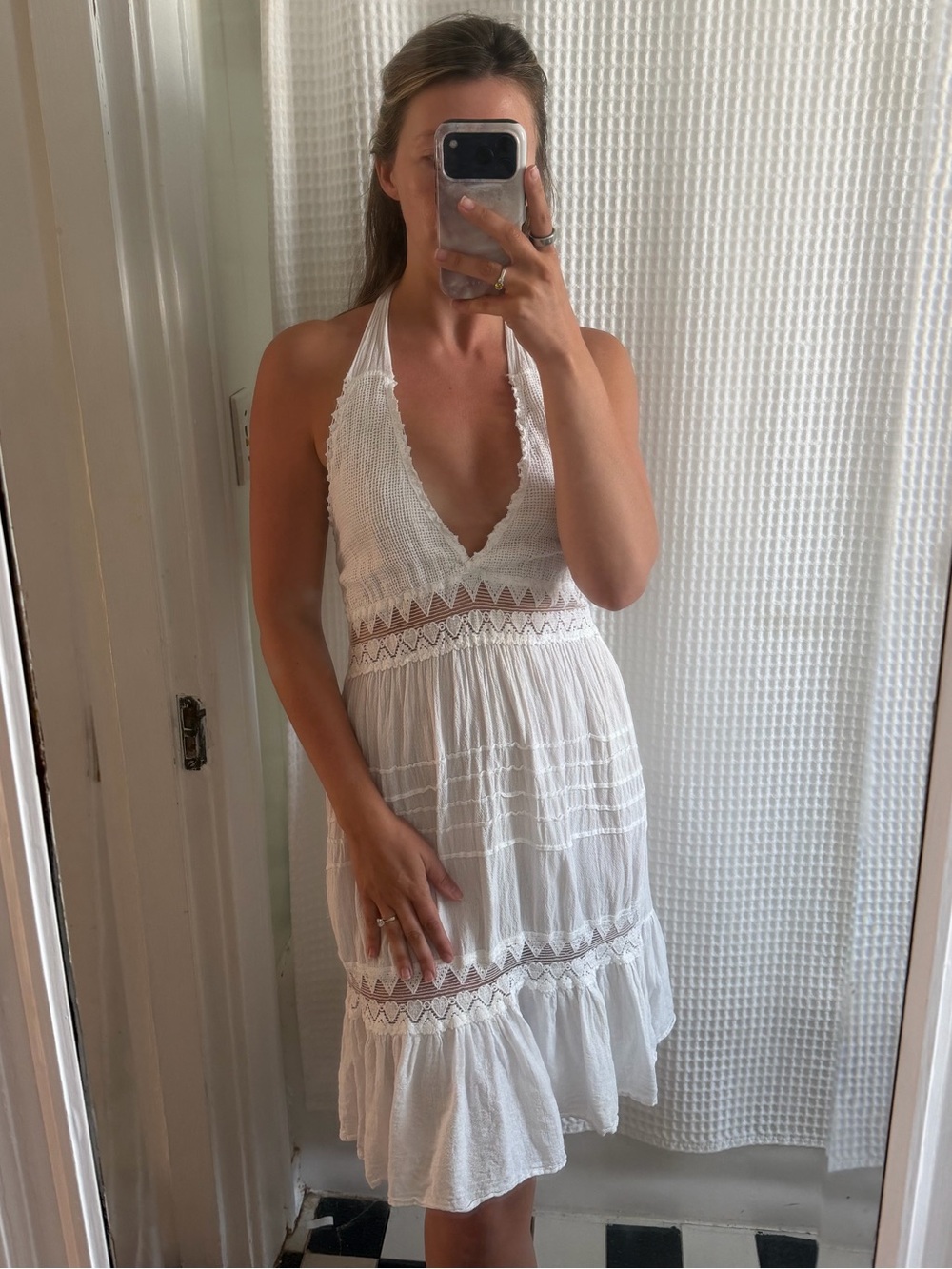 White Halter Crochet Trim Sundress